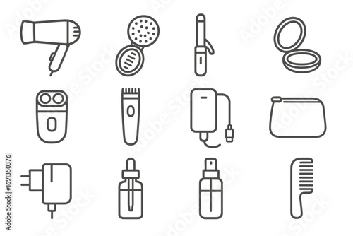 Compact Beauty Icon Set. Outline icon set of compact beauty gadgets: foldable hair dryer, travel brush, mini