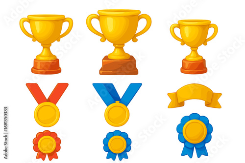 3D award icons set for victory and achievement. Golden trophy cup, winner medals, and prize ribbons. First place champion symbols collection. Cartoon vector for celebration.