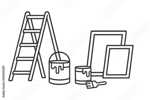 Home improvement and renovation concept. DIY project tools for decorating. Ladder, paint cans, brush, and picture frames for wall decor. Vector line art illustration set.