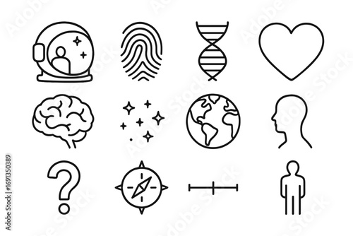 Cosmic Self-Reflection Icons. Outline icon set of cosmic self-reflection in space: astronaut helmet, visor reflection, fingerprint