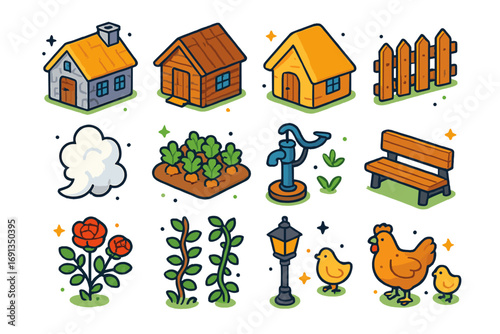 Countryside Cottage Icons. Colorful isometric vector icons set of countryside cottages: stone cottage, wooden cabin, thatched roof