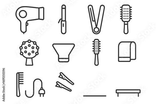 Heat Styling Icons. Outline icon set of heat styling tools: hair dryer, curling iron, flat iron, diffuser,