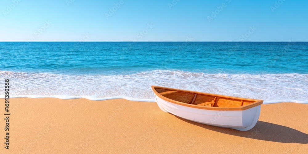 Small wooden boat rests on sandy beach near ocean waves Small wooden boat rests on sandy beach near ocean waves
