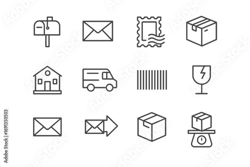Postal Service Icons. Outline icon set of postal services: mailbox, letter, stamp, parcel box, post office,