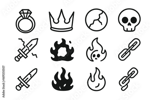 Cursed Treasures Icons. Outline icon set of cursed treasures: cursed ring, black crown, cracked orb, skull,
