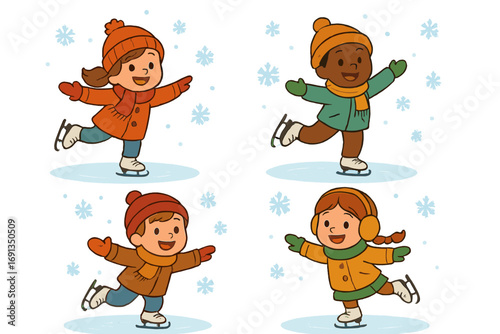 Set of diverse kids ice skating in winter. Happy multicultural children in cozy clothes on ice rink with snow. Cartoon vector illustration for holiday and seasonal activity.