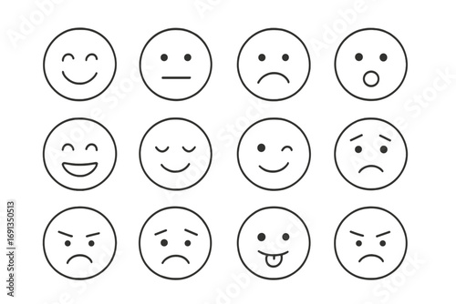 Minimalist emoji face icon set showing different expressions and emotions. Simple line art emoticons for feedback, customer satisfaction, or user rating. Vector illustration.