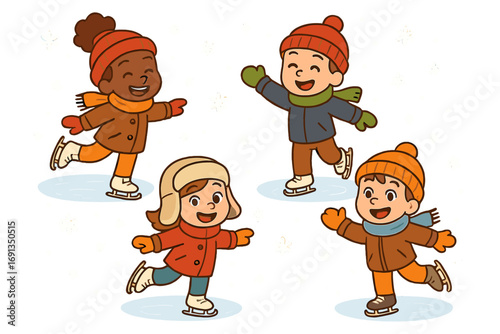 Set of diverse children ice skating in winter. Happy kids in cozy clothes on ice rink with snowflakes. Fun winter activity. Vector cartoon character illustration collection.