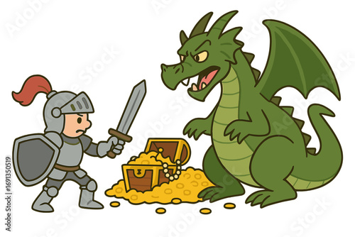 Knight faces dragon guarding treasure. Medieval fantasy scene. Brave hero fighting mythical beast for gold. Adventure quest concept. Cute cartoon vector illustration isolated.
