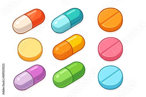 Set of colorful cartoon pills and capsules. Vector medical icons for pharmacy and healthcare. 3d drug tablets, vitamin supplements, and treatment medication illustration.