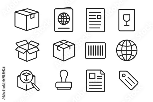 Customs Icon Set. Outline icon set of customs clearance: parcel box, passport, document, fragile symbol, open