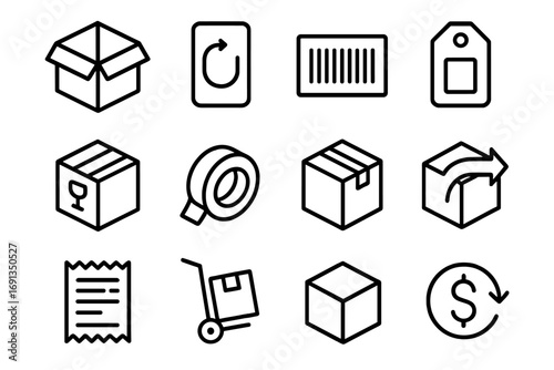 Return Parcel Icons. Outline icon set of return parcels: open box, return label, barcode, address tag, fragile