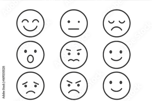 Minimalist emoji set with expressive line art faces showing simple emotions. Vector cartoon illustration of emoticons for feedback, survey or rating. Happy, sad, angry icons.