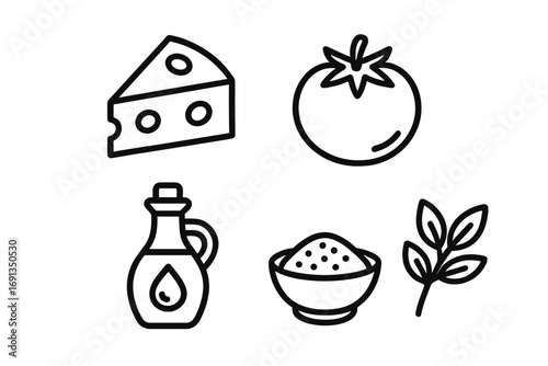 Set of cooking ingredient line icons. Vector illustration of cheese, tomato, olive oil, spices, and herbs for recipes. Food concept for pizza or pasta making. Outline symbols.