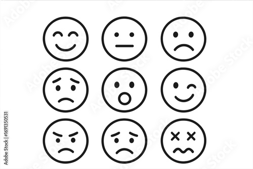 Minimalist emoji set with expressive line art faces showing simple emotions. Vector cartoon illustration of emoticons, icons for feedback, mood, feelings. Happy, sad, angry faces.
