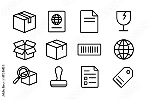 Customs Icon Set. Outline icon set of customs clearance: parcel box, passport, document, fragile symbol, open