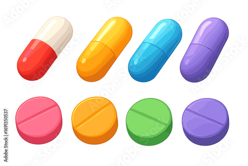 Colorful 3d pills, capsules and tablets set. Vector cartoon illustration. Medical concept. Pharmacy drug. Health care. Antibiotic, vitamin, painkiller. Medicine treatment icon.