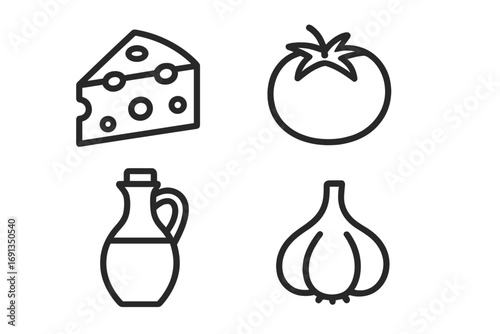 Cooking ingredients icon set. Line icons of cheese, tomato, olive oil, garlic. Italian food concept, healthy eating, food preparation, Mediterranean diet symbol collection.