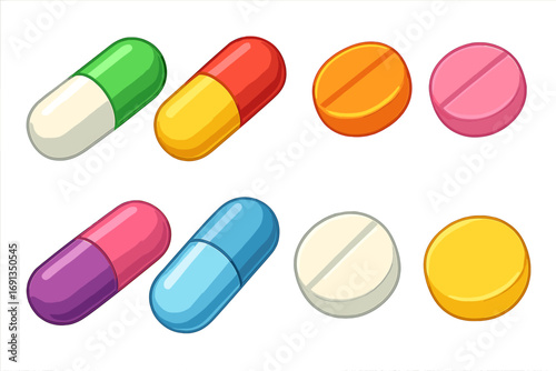 Collection of colorful 3D pills, tablets, and capsules. Vector cartoon icons for pharmacy, medicine, and healthcare. Medical drug, vitamin, and supplement set illustration.
