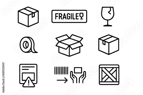 Fragile Parcel Icons. Outline icon set of fragile parcel handling: parcel box, fragile label, glass symbol,