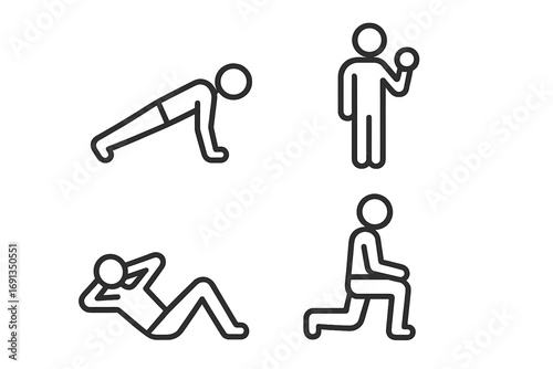 Exercise icons set. Fitness workout pictograms. Man in training poses: push-up, crunches, lunges, and dumbbell curls. Simple gym and sport symbols in line art style.