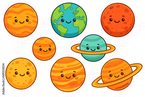 Cute kawaii planets characters of the solar system. Cartoon vector set for kids. Funny galaxy, space, and astronomy icons. Earth, Mars, Jupiter, Saturn smiling faces.