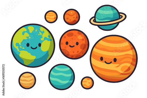 Cute planet characters vector set. Kawaii solar system illustration for kids. Cartoon Earth, Mars, Jupiter, Saturn faces. Playful space astronomy educational graphic.
