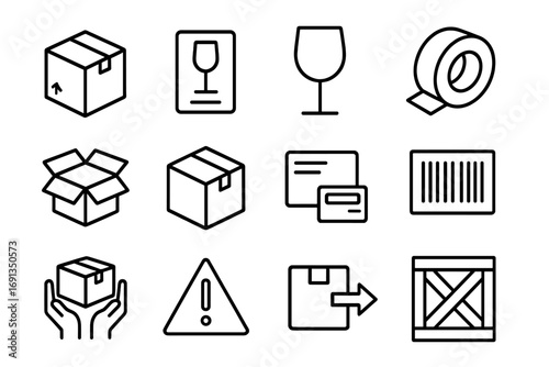 Fragile Parcel Icons. Outline icon set of fragile parcel handling: parcel box, fragile label, glass symbol,