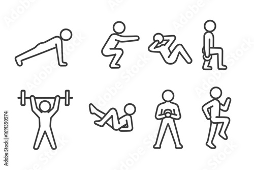 Exercise icons set. Workout poses in simple line art style. Fitness training pictograms. Man doing plank, squat, crunches, lunge, weightlifting. Gym vector symbols.