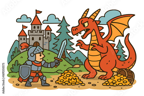Knight fights dragon for treasure. Brave hero versus monster. Medieval fairytale battle. Fantasy castle landscape. Cute cartoon vector illustration for kids story.