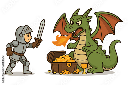 Brave knight fighting fire-breathing dragon for treasure chest. Vector cartoon of medieval fantasy battle. Hero with sword faces mythical beast for gold. Adventure.