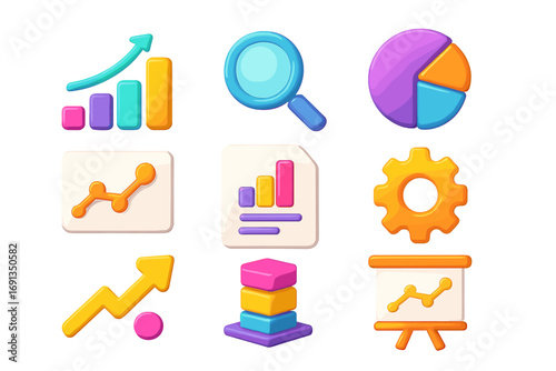 3D data analytics icon set. Business report and finance infographic elements. Chart, graph, diagram for data visualization. Marketing analysis, growth concept vector icons.