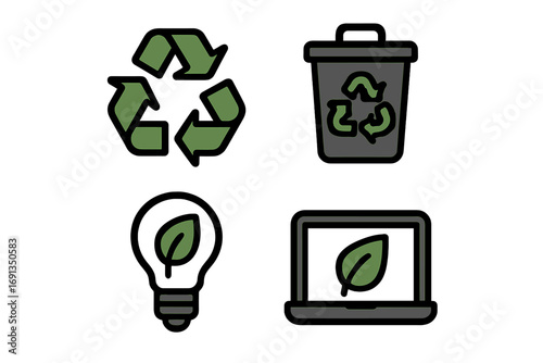 Eco-friendly icon set with recycling symbol, green energy lightbulb, sustainable tech laptop, and waste bin. Vector illustration for ecology and environmental conservation designs.