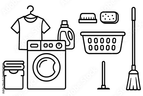 Laundry day vector icon set. Washing machine, t-shirt, detergent, basket, broom, brush. Outline symbols for housework, cleaning, laundromat service. Household chores line art.