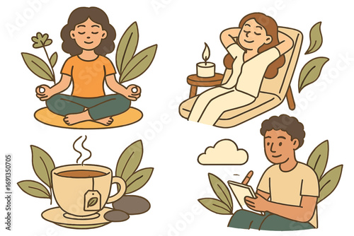 Mindful tranquility illustration set. People meditating, relaxing, journaling. Self-care, mental health, and well-being concept. Yoga, tea time, and peaceful activities vector.