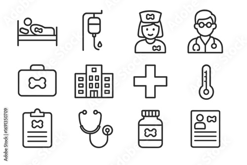 Hospital Bone Care Icons. Outline icon set of hospital bone care: patient bed, IV drip, nurse, doctor, first