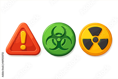 Colorful 3d hazard warning symbols set. Vector cartoon illustration with exclamation mark, biohazard, and radiation signs. Danger, safety, nuclear, and toxic alert icons.