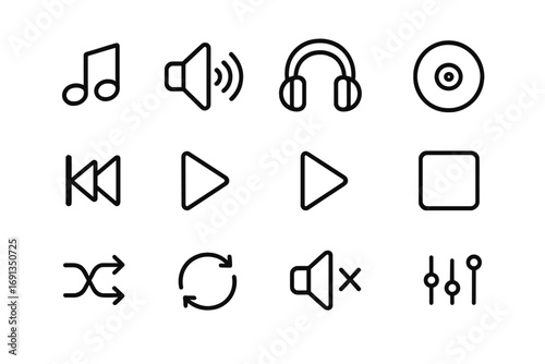 Minimalist line icons for music and multimedia applications. Vector player interface elements. Button set with play, stop, next, previous, shuffle, repeat, sound, mute, and headphone.