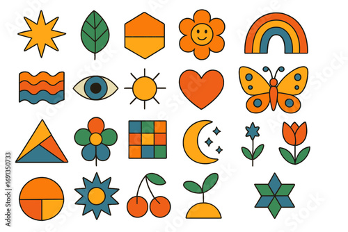 Set of retro groovy 70s stickers. Hippie cartoon patches. Abstract geometric shapes, nature elements. Flower power, rainbow, butterfly, heart, sun, eye vector icons.
