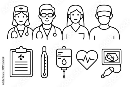 Medical icon set in thin line style. Healthcare professionals, doctor, nurse, surgeon. Hospital equipment, ultrasound, EKG, clipboard. Vector graphic elements collection.