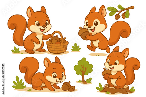 Set of cute cartoon squirrels collecting acorns. Playful woodland animal characters. Vector illustration for kids. Forest wildlife mascot gathering nuts, isolated collection.