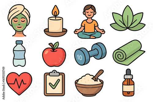 Health and wellness icon set. Vector cartoon illustration collection for a balanced lifestyle. Symbols for relaxation, fitness, self-care, yoga, meditation, nutrition, and spa.