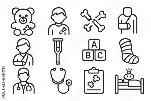 Pediatric Injury Icons. Outline icon set of pediatric bone injuries: teddy bear, child silhouette, baby bones,