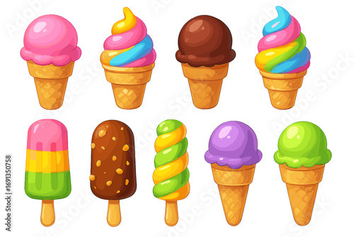 Set of colorful 3d ice creams. Collection of various cones and popsicles. Vector cartoon illustration. Summer sweet food dessert icons. Isolated frozen treats for design.