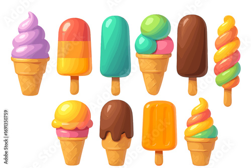 Colorful 3d ice cream collection. Vector cartoon set with various cones and popsicles. Summer dessert food illustration. Frozen sweet tasty treats, yummy gelato and sorbet.