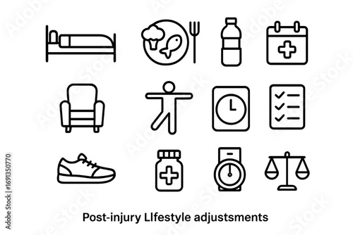 Post-Injury Lifestyle Icons. Outline icon set of post-injury lifestyle adjustments: sleep bed, healthy meal,