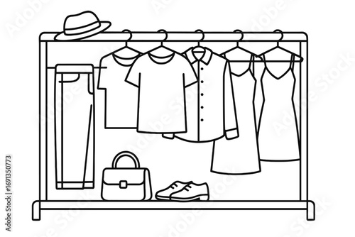 Minimalist capsule wardrobe outline. Clothing rack with dresses, shirts and pants on hangers. Fashion clothes organization concept. Vector cartoon line art illustration.