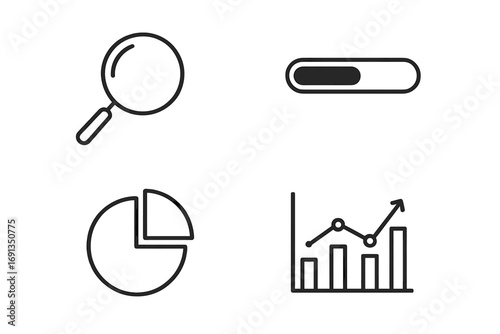 Data analysis and business intelligence icon set. Includes search, progress bar, pie chart, and growth graph for reports and infographics. Vector line icons for web and app UI.