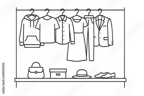 Minimalist wardrobe outline with clothes on hangers. Capsule wardrobe concept with dress, suit, shirt. Fashion, style, and clothing organization vector illustration.