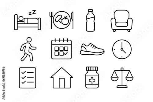 Post-Injury Lifestyle Icons. Outline icon set of post-injury lifestyle adjustments: sleep bed, healthy meal,